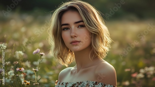 portret kobiety, blond włosy, proste włosy, plener, kwiaty, niska przysłona, portret w naturze, rozmyte tło, realistyczna fotografia, głębia ostrości, portret plenerowy, naturalne światło, portret w n