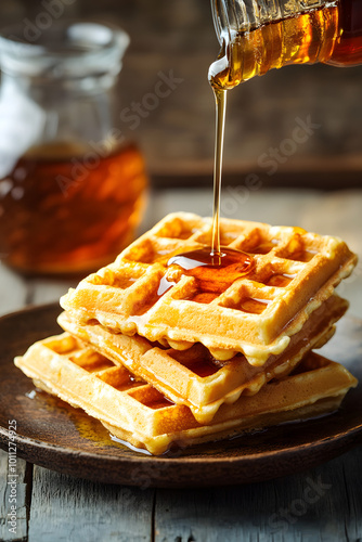 delicious golden waffles drizzled with maple syrup on wooden table