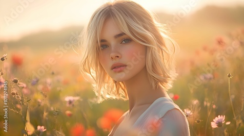 portret kobiety, blond włosy, proste włosy, plener, kwiaty, niska przysłona, portret w naturze, rozmyte tło, realistyczna fotografia, głębia ostrości, portret plenerowy, naturalne światło, portret w n