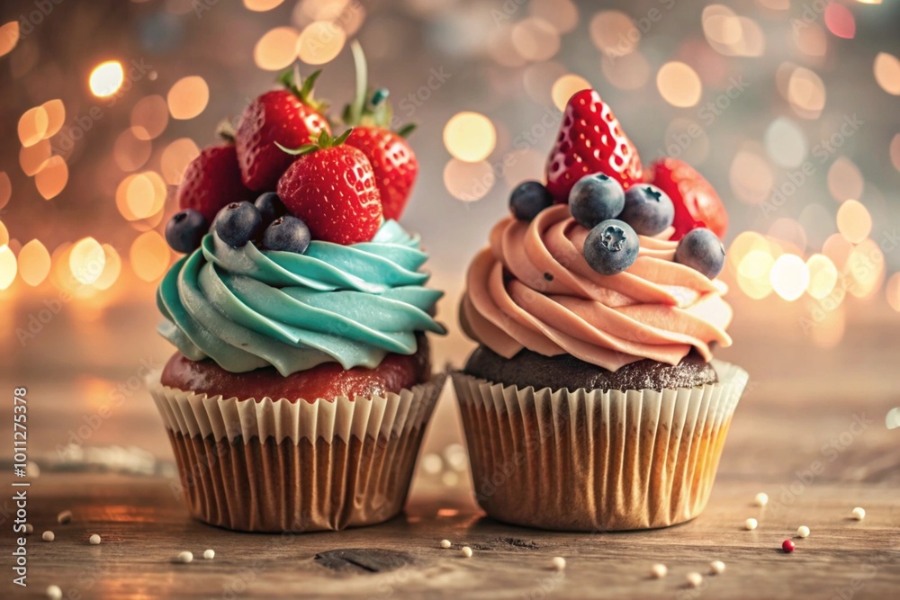 Delicious colored cupcakes with strawberries and blueberries. A festive cupcake that is perfect for fun celebrations. Happy Birthday. Delicious colored cupcakes with strawberries and blueberries. A festive cupcake that is perfect for fun celebrations. Happy Birthday.