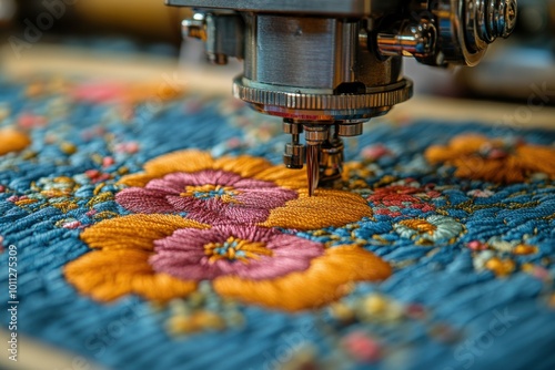 Intricate Machine Embroidery on Vibrant Fabric with Floral Patterns photo