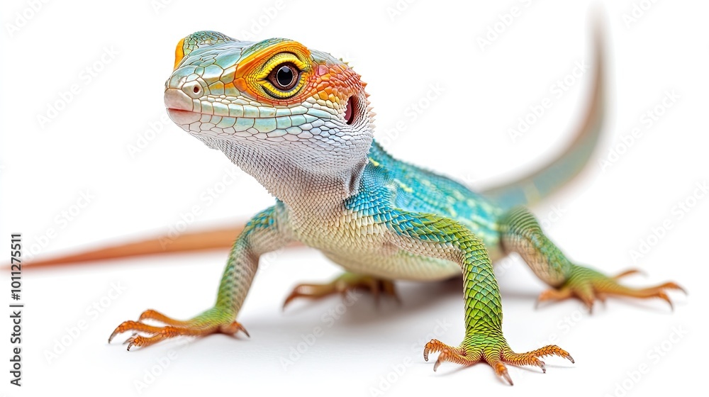 Obraz premium A Beautiful bright lizard, bright colors, long tail, bright shining eyes, standing upright full length