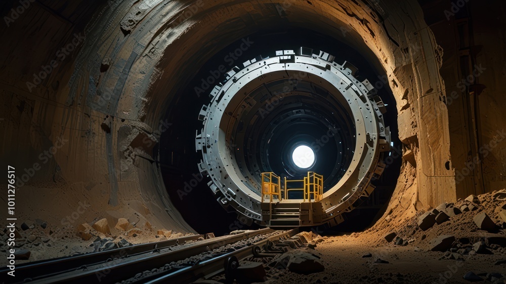 A view down a tunnel with a bright light at the end,  the circular shape of the tunnel's ceiling is highlighted by the light, with a metal ladder to the right and railroad tracks in the foreground.