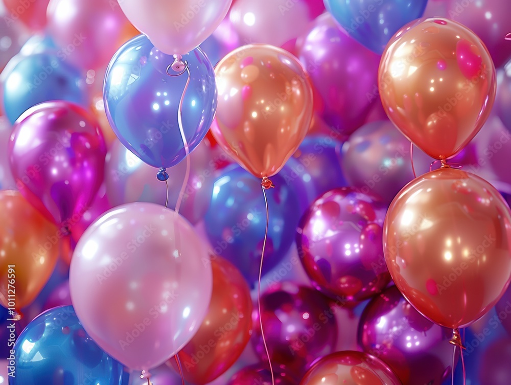 Colorful Helium Balloons Cluster in Bright Display Colorful Helium Balloons Cluster in Bright Display