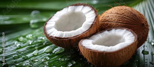 Freshly cracked coconuts on a green leaf.