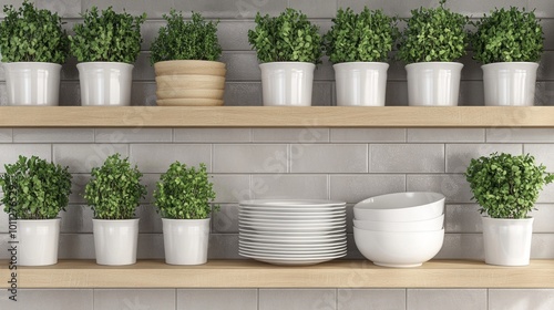 Wallpaper Mural Bright Scandinavian-style kitchen detail with open wooden shelves and neatly arranged dishes in natural light Torontodigital.ca