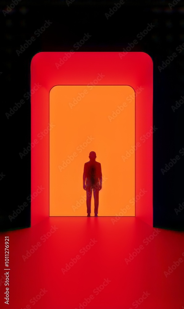 Silhouette of a man standing in a vibrant orange doorway against a dark backdrop. Silhouette of a man standing in a vibrant orange doorway against a dark backdrop.