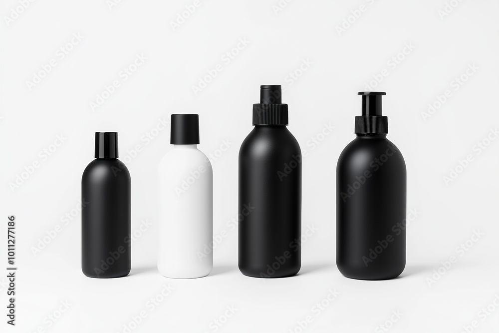 A sleek collection of four black and white bottles, representing minimalist design and style, displayed against a stark white background, highlighting simplicity. A sleek collection of four black and white bottles, representing minimalist design and style, displayed against a stark white background, highlighting simplicity.