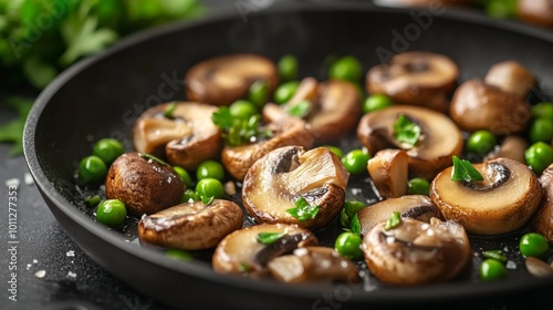 Mushrooms and peas frying photo