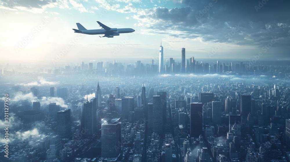 Fototapeta premium Daytime cityscape with plane