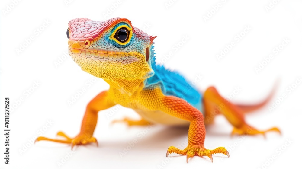 Fototapeta premium A beautiful colorful lizard, bright colors, long tail, bright shining eyes, standing upright full length isolated on white