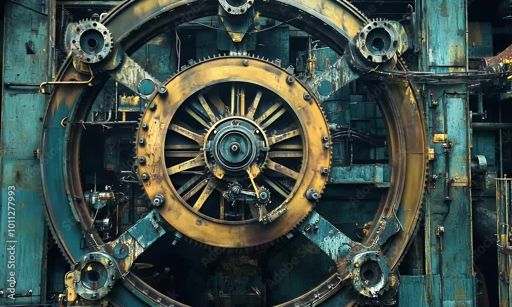 A large, rusty industrial gear showcasing mechanical engineering and decay. A large, rusty industrial gear showcasing mechanical engineering and decay.