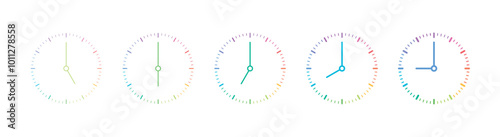 five step analog watch face. multi-coloured, thin, thick watch dials. analog clock set