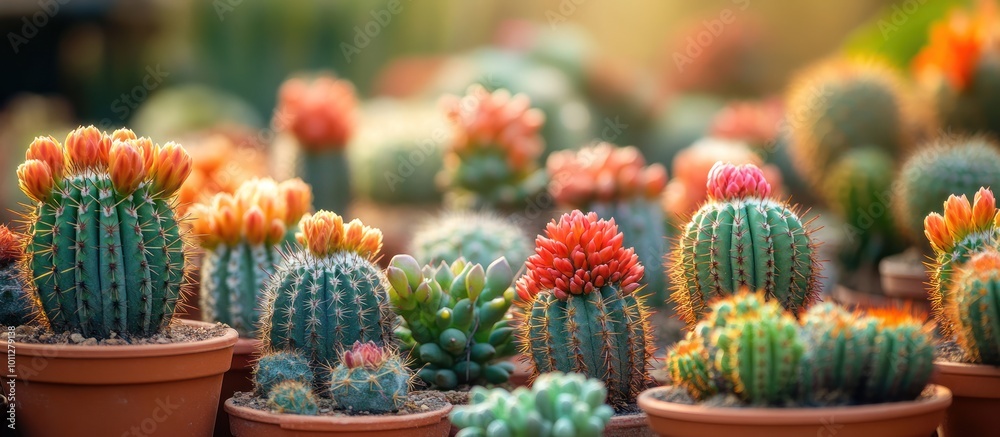 A collection of cacti in terracotta pots, with some flowering. The cacti are arranged in a row, with the sunlight shining through the leaves.