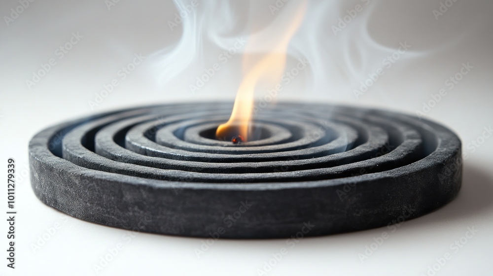 A burning incense coil releasing smoke in spiral formation. A burning incense coil releasing smoke in spiral formation.