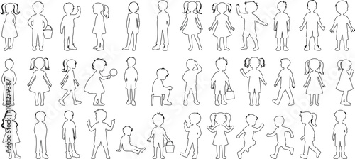 children outline vector set , kids standing, playing, jumping, boy, girl, various poses line drawing, kids illustration, hand drawn child in minimal design