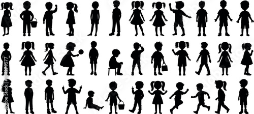 Kids silhouette vector illustration showing multiple children in playful and standing poses. Ideal kid set for educational designs, websites, or creative projects requiring children themed visuals