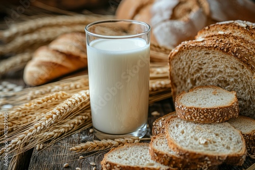 Sliced Multigrain Bread with Glass of Milk and Wheat Stalks photo