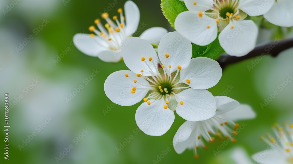 Fototapeta premium Close-up of white blossoms with yellow stamens against a soft green background