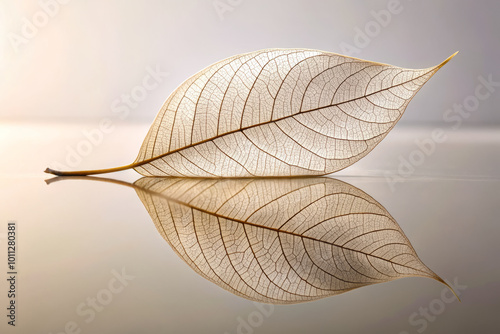 Delicately floating leaf reflecting on mirrored surface, showcasing intricate veins and serene atmosphere. soft light enhances its natural beauty and elegance