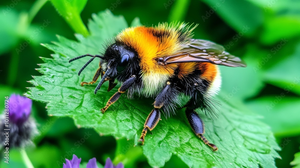 A fluffy bumblebee perched on a green leaf with vivid colors and detailed texture. A fluffy bumblebee perched on a green leaf with vivid colors and detailed texture.