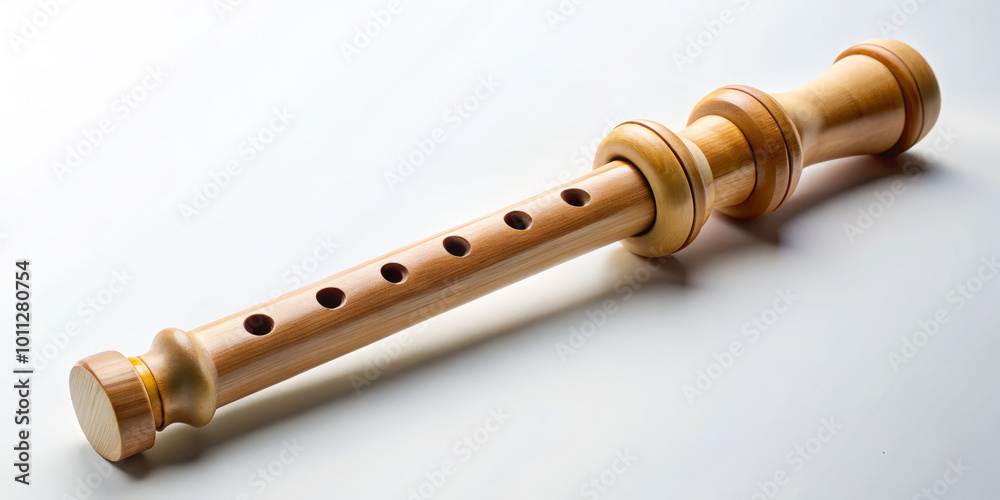 Naklejka premium wooden recorder resting on smooth, creamy white background, showcasing its elegant design and craftsmanship. natural wood grain adds warmth and character to this musical instrument
