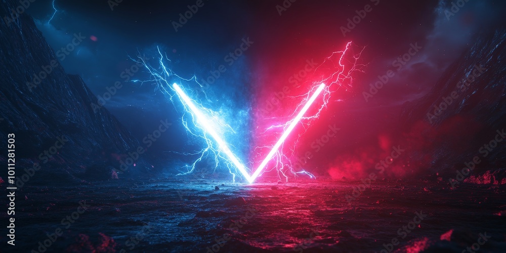 Holographic Versus Logo with Neon Lightning Flashes for Cyber Sport Tournament Screen Holographic Versus Logo with Neon Lightning Flashes for Cyber Sport Tournament Screen