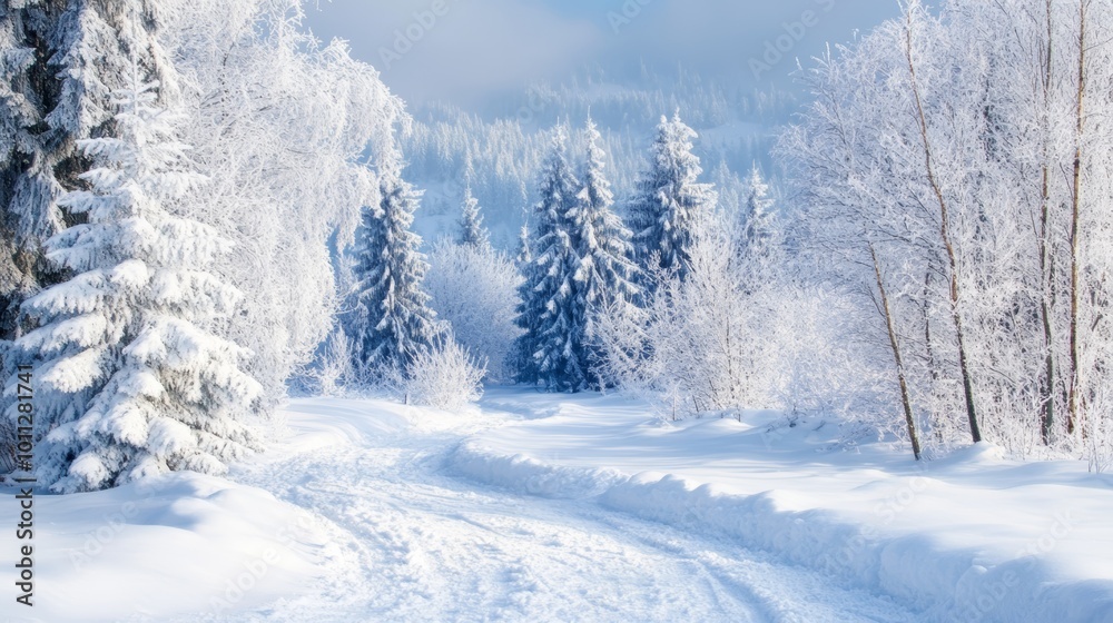 A snow-covered forest path winds through frosted trees, leading to a serene winter wonderland scene. A snow-covered forest path winds through frosted trees, leading to a serene winter wonderland scene.