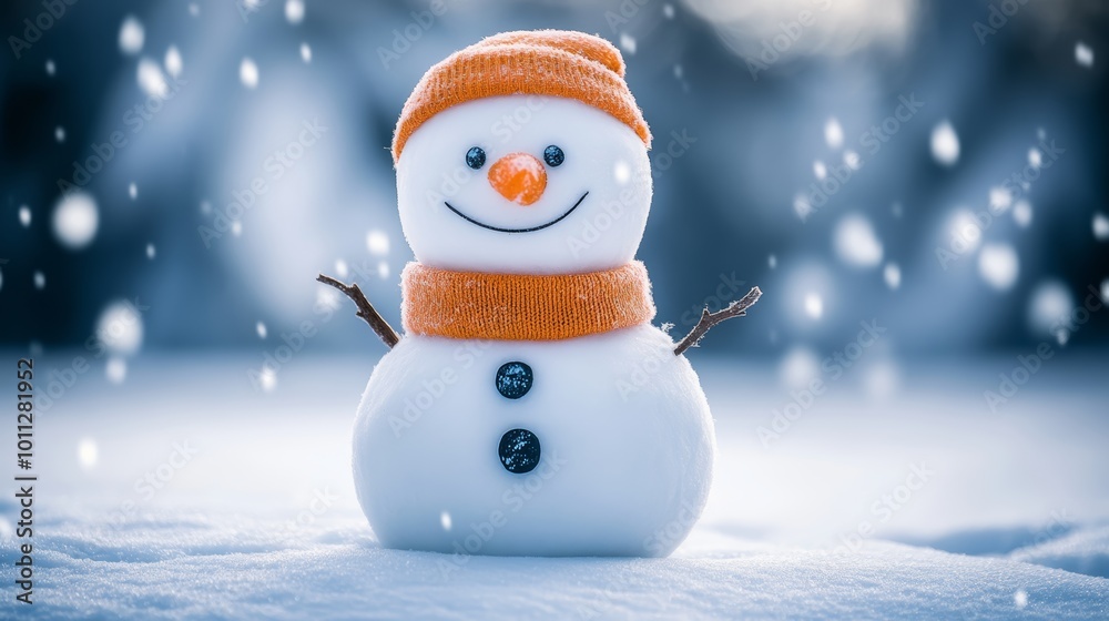 Fototapeta premium A cheerful snowman wearing a cozy scarf and hat, surrounded by snow-covered branches, against a frosty winter backdrop.
