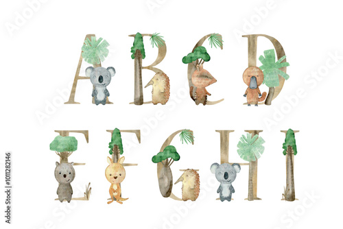 Watercolor animals letters. photo