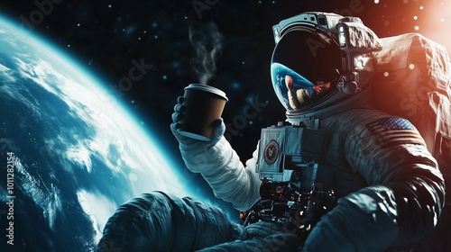 An astronaut in a spacesuit casually sipping coffee from a floating cup while gazing at Earth from the outside of a space station photo