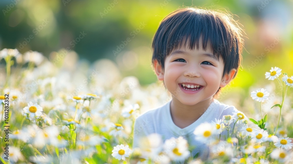 Happy young boy smiling in a field of daisies. Outdoor and childhood joy concept. Happy young boy smiling in a field of daisies. Outdoor and childhood joy concept.
