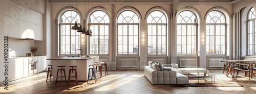 Large open plan luxury apartment interior with large windows, arched window frames, comfortable sofa and dining table, kitchen island in the middle