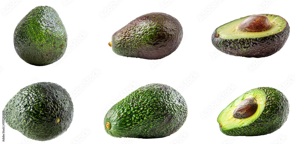 Varieties of ripe and unripe avocados. Set png isolated on transparent background Varieties of ripe and unripe avocados. Set png isolated on transparent background
