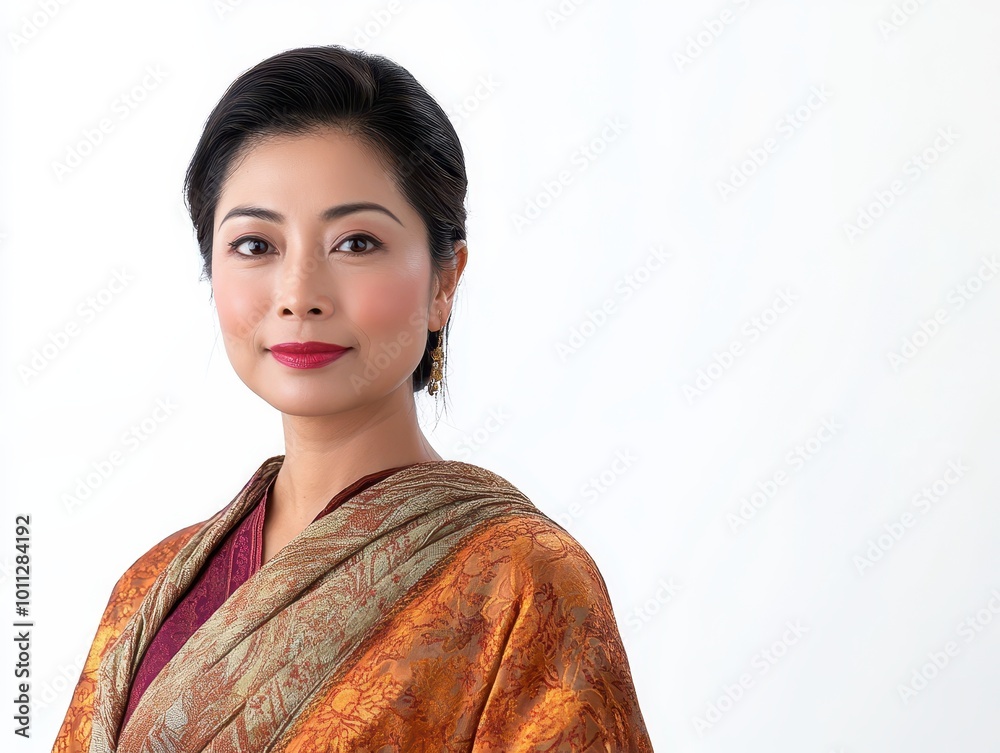 A poised Asian woman in a traditional Burmese longyi, intricate textures in the fabric, quiet elegance and cultural depth in her expression A poised Asian woman in a traditional Burmese longyi, intricate textures in the fabric, quiet elegance and cultural depth in her expression