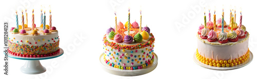 Colorful birthday cakes with candles and sprinkles for celebration. Set png isolated on transparent background