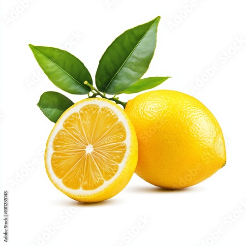 A vibrant lemon with glossy green leaves next to a lemon half, showcasing the fruit's bright yellow color and juicy interior against a plain white background.