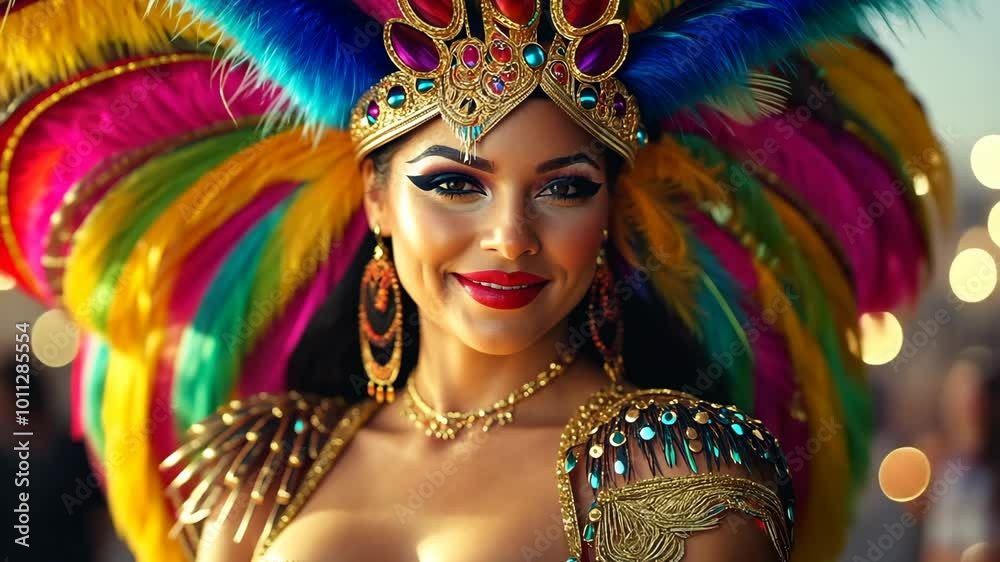 A woman wearing a colorful feathered headdress smiles at the camera during a carnival celebration A woman wearing a colorful feathered headdress smiles at the camera during a carnival celebration