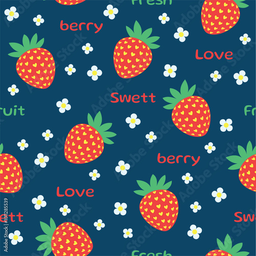 Seamless pattern of green leafed strawberries with white flowers on a dark blue background