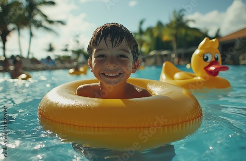 A young boy smiling joyfully while floating in a pool with an inflatable ring on a sunny day at a tropical resort