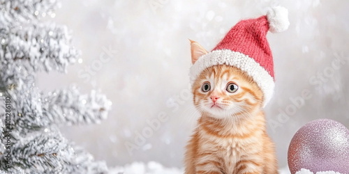 A cute fluffy red kitten in a christmas hat sitting on the ground against an Christmas tree with silver decor