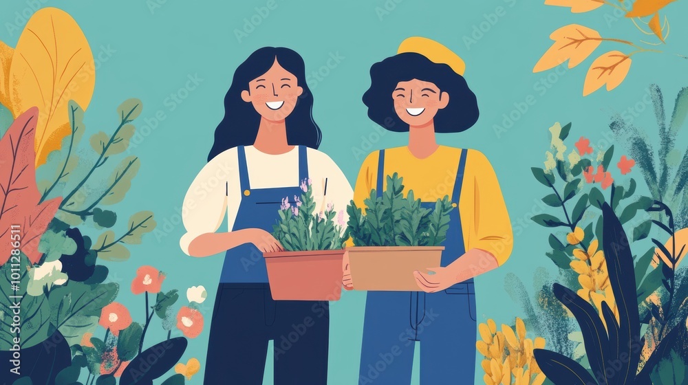Two women in overalls planting in garden pots, surrounded by autumnal plants. Two women in overalls planting in garden pots, surrounded by autumnal plants.