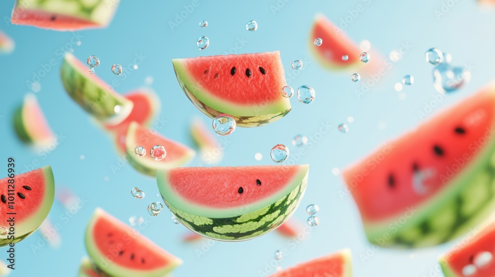 Sliced watermelons with water droplets suspended in mid-air on a bright blue background. Sliced watermelons with water droplets suspended in mid-air on a bright blue background.