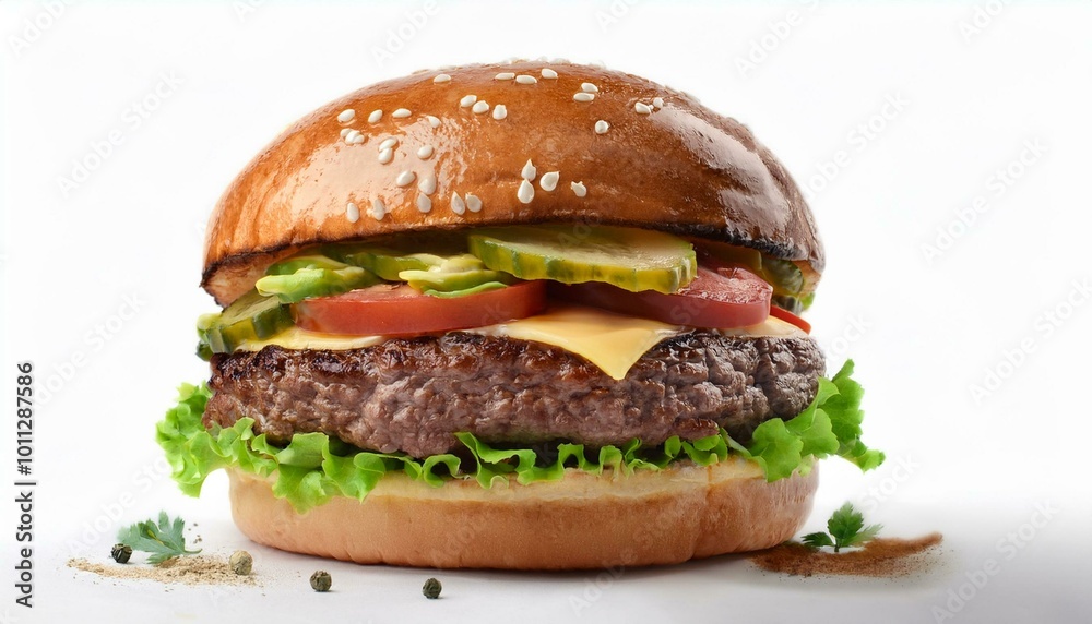 A juicy cheeseburger with a beef patty, melted cheese, lettuce, tomato, onions, and a sesame bun, showcasing a classic, delicious fast food meal isolated on a white background A juicy cheeseburger with a beef patty, melted cheese, lettuce, tomato, onions, and a sesame bun, showcasing a classic, delicious fast food meal isolated on a white background