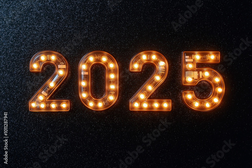 celebrate 2025 with glowing marquee light bulbs on black background, club new years eve, photorealistic