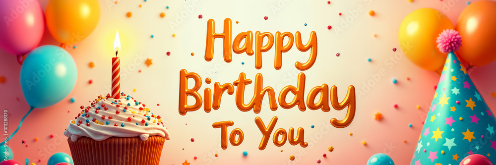 Greeting card. Colorful birthday greeting with a cupcake and balloons, featuring the text Happy Birthday To You. Greeting card. Colorful birthday greeting with a cupcake and balloons, featuring the text Happy Birthday To You.