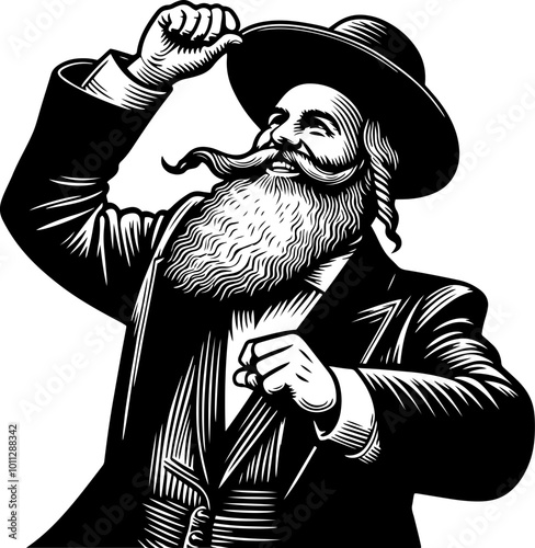 An Orthodox Jewish man with a beard is dancing happily. Wearing a traditional Jewish hat, the elderly Jew dances joyfully, praising the Lord.
