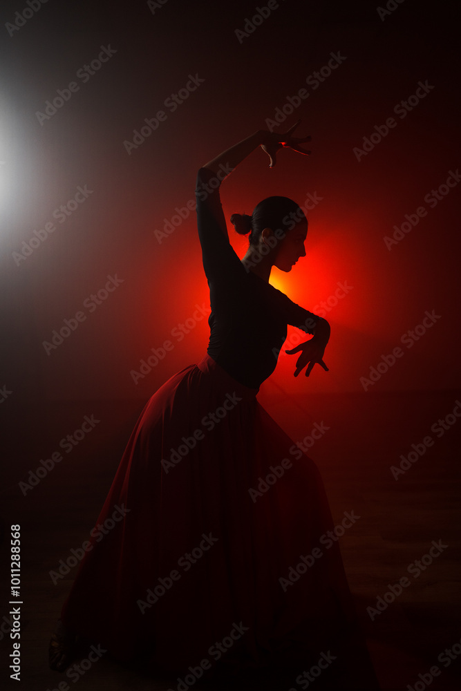 Fototapeta premium Silhouette of a woman in a red skirt dancing Latin in smoke in neon light. Dance concept. Bachata, Latina