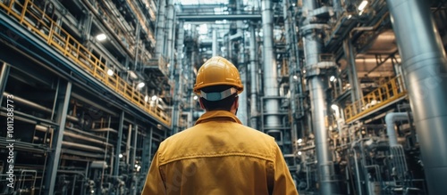 A worker in a yellow hardhat stands in a large industrial facility looking up at the complex system of pipes and machinery.