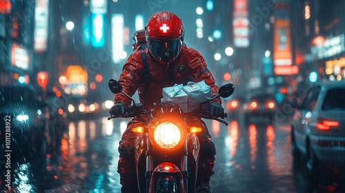 A health rider on a motorbike holding a first aid kit, riding through a futuristic city photo